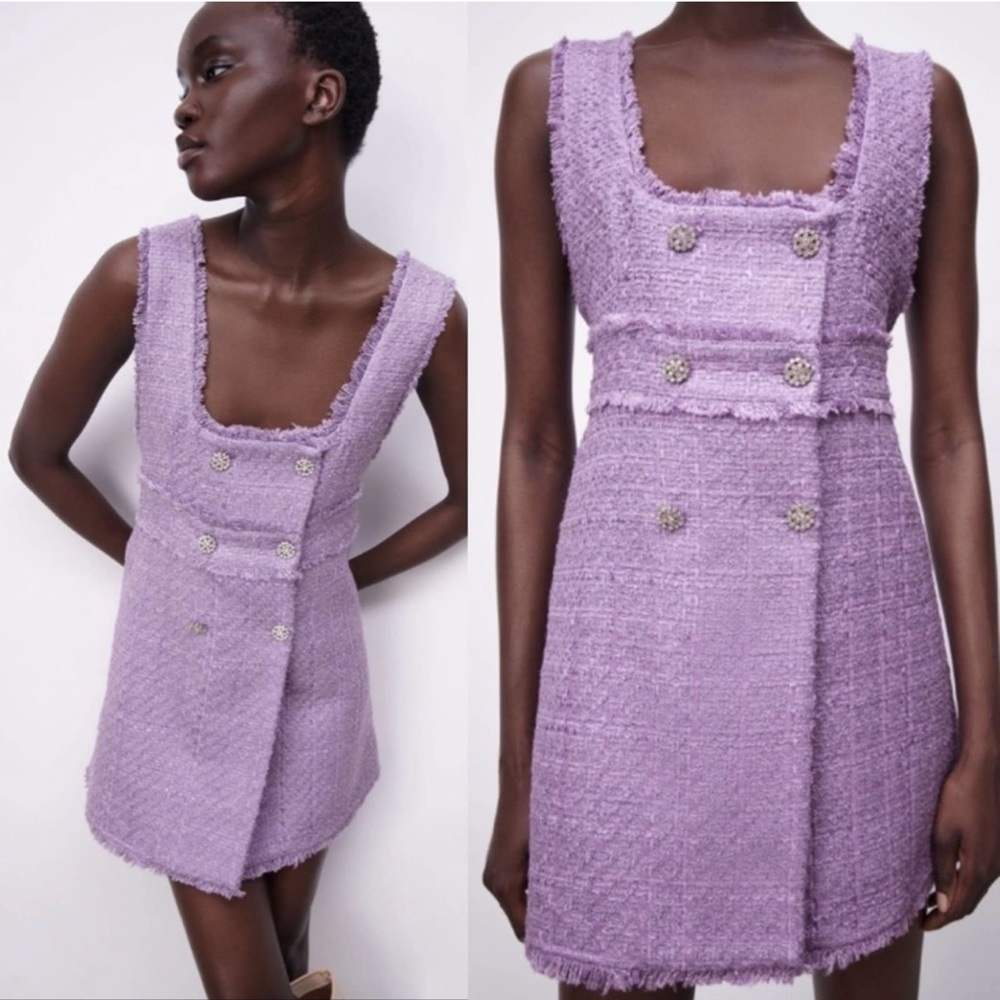 NWT Zara Lilac Purple Tweed Textured Rhinestone Dress Sz L